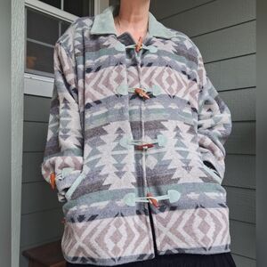 Vintage 90's Suede And Wool Southwesten Print Toggle Coat Plus Size Womens 26/28